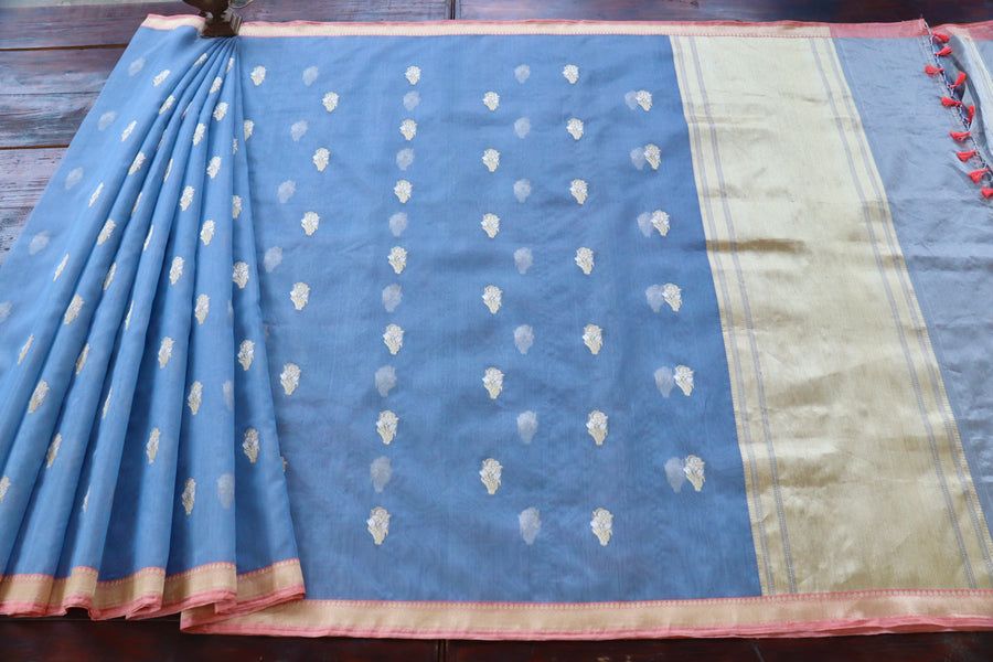 Border close-up on Slate Blue Nargis Banarasi saree