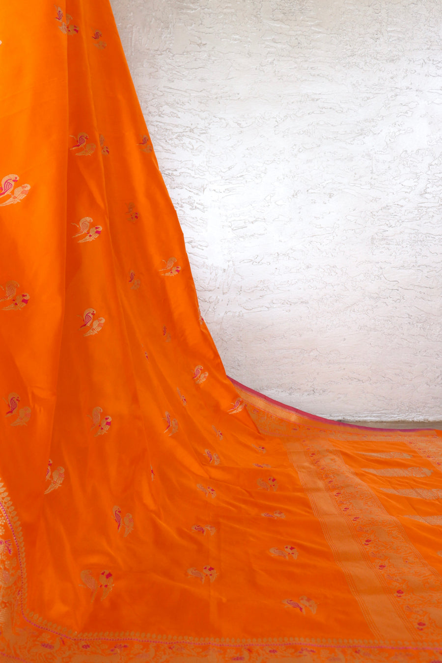 Orange Bird Motif Kadhua Pure Silk Handloom Banarasi Saree