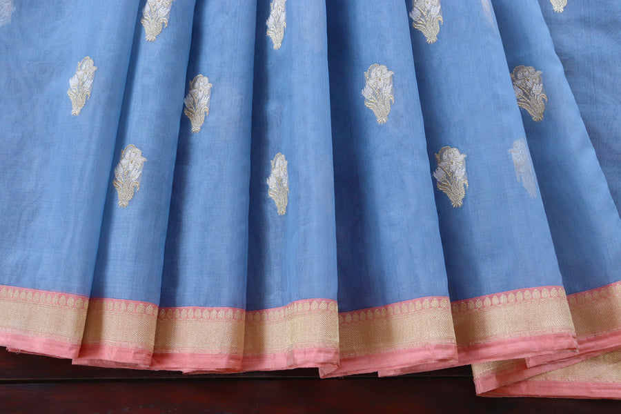 Pleat detail of Slate Blue Nargis Banarasi saree
