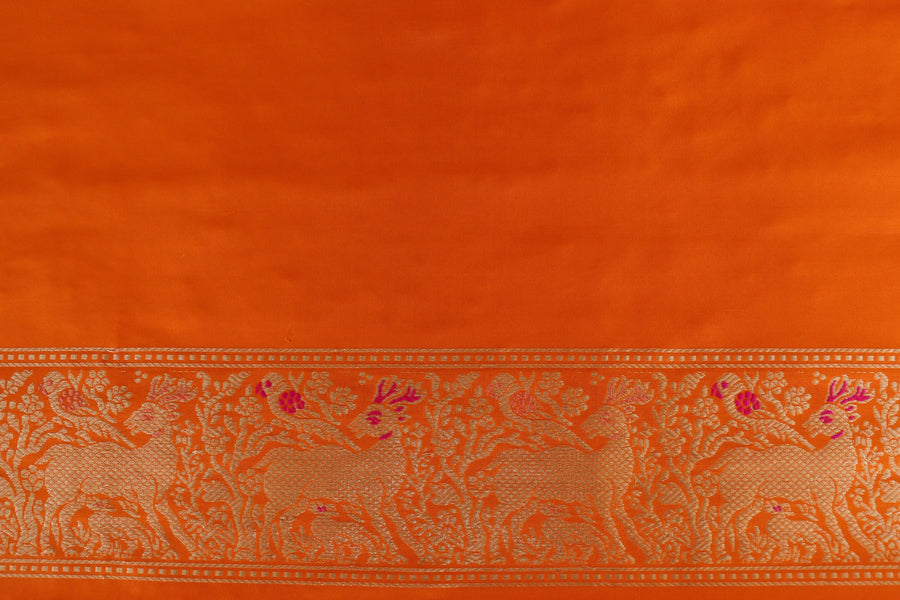 Orange Bird Motif Kadhua Pure Silk Handloom Banarasi Saree