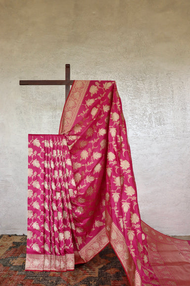 Pink handloom Banarsi saree with jangla motifs in pure silk