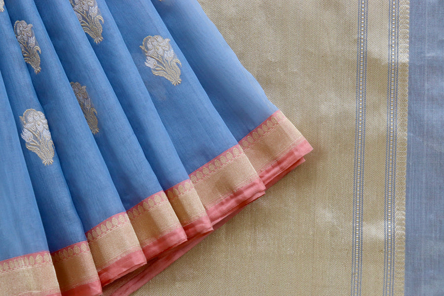 Silk texture of Slate Blue Nargis Banarasi saree