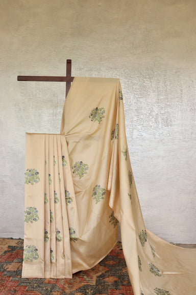 Cream handloom Banarsi saree with guldasta motifs in pure Katan silk
