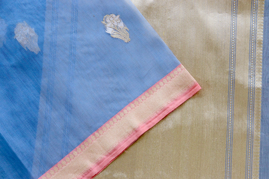 Full drape of Slate Blue Nargis pure silk Banarasi saree