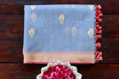 Slate Blue handloom Banarsi saree with nargis motifs in pure silk