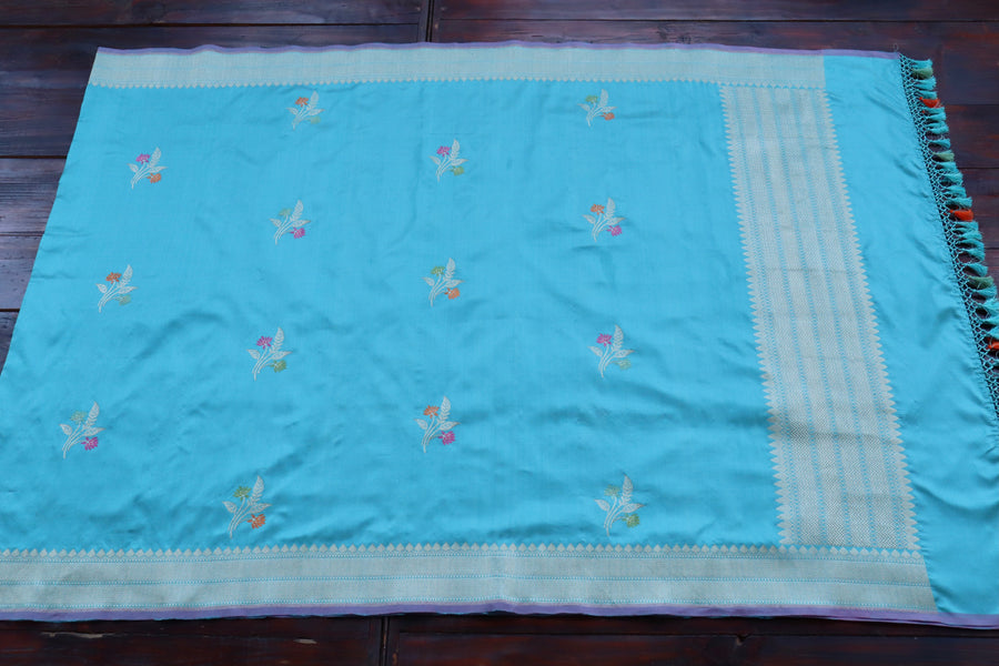 Light Blue Leaf Motif Pure Silk Handloom Banarasi Dupatta