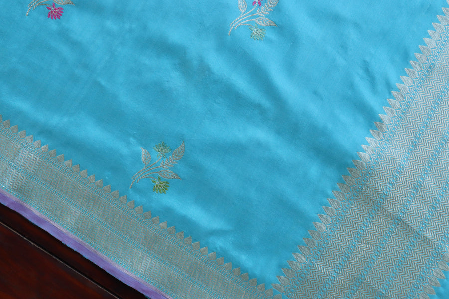Light Blue Leaf Motif Pure Silk Handloom Banarasi Dupatta