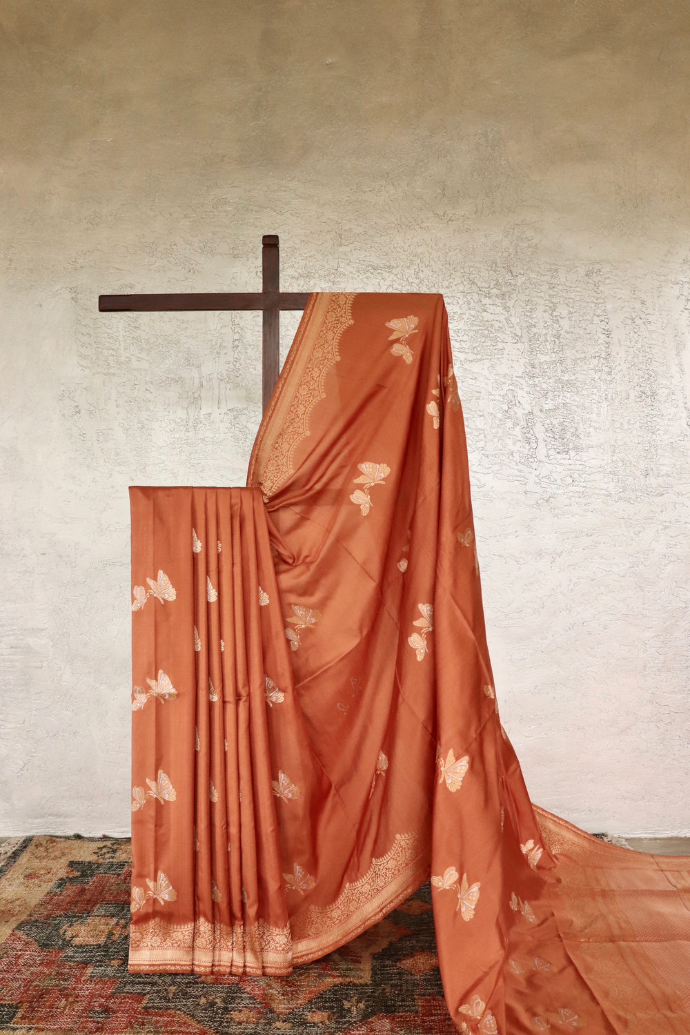 Brown handloom Banarsi saree with butterfly motifs in pure silk