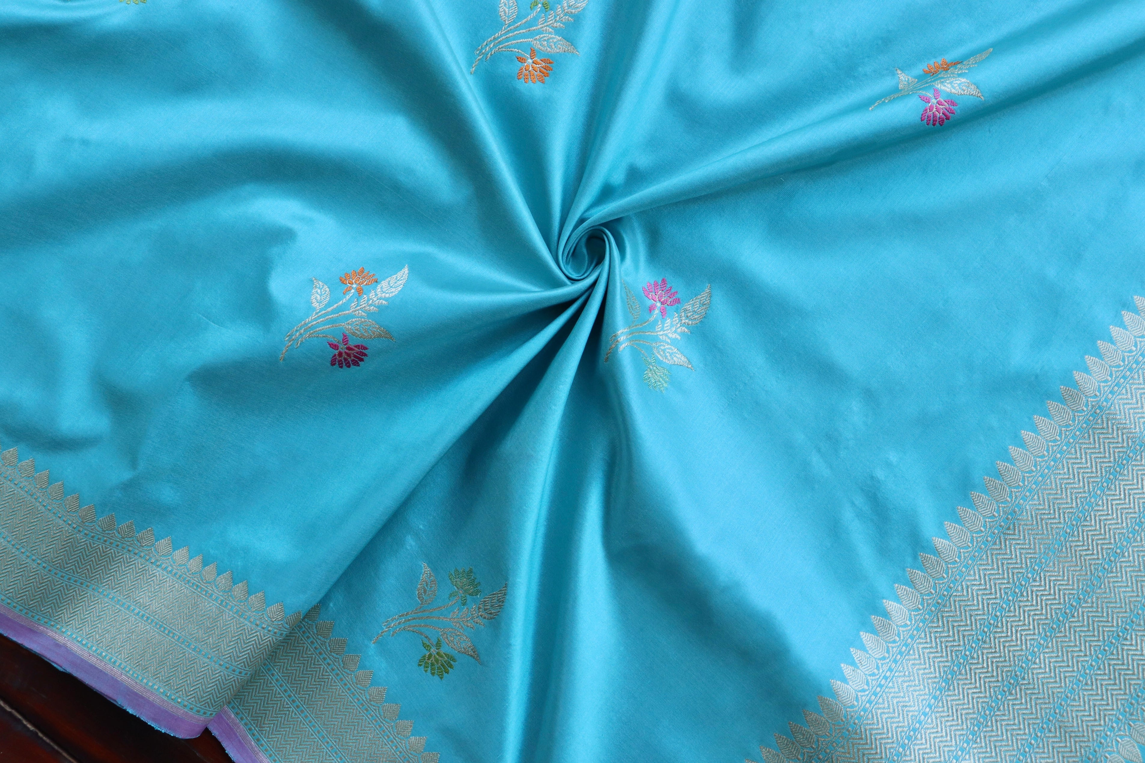 Light Blue Leaf Motif Pure Silk Handloom Banarasi Dupatta