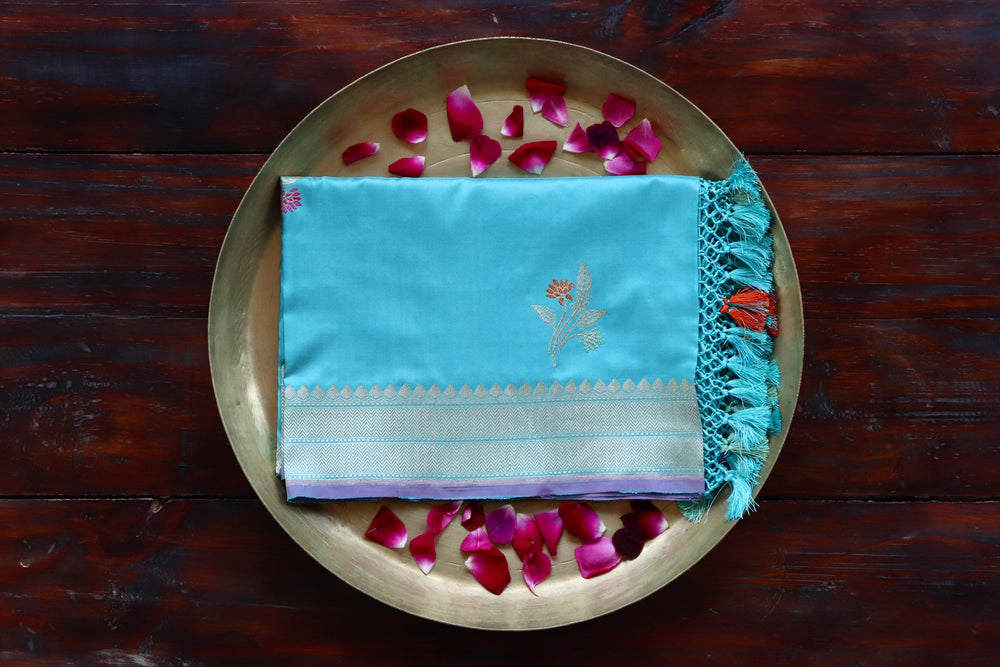 Light Blue Leaf pure Katan silk Banarasi dupatta with thread-by-thread motifs.