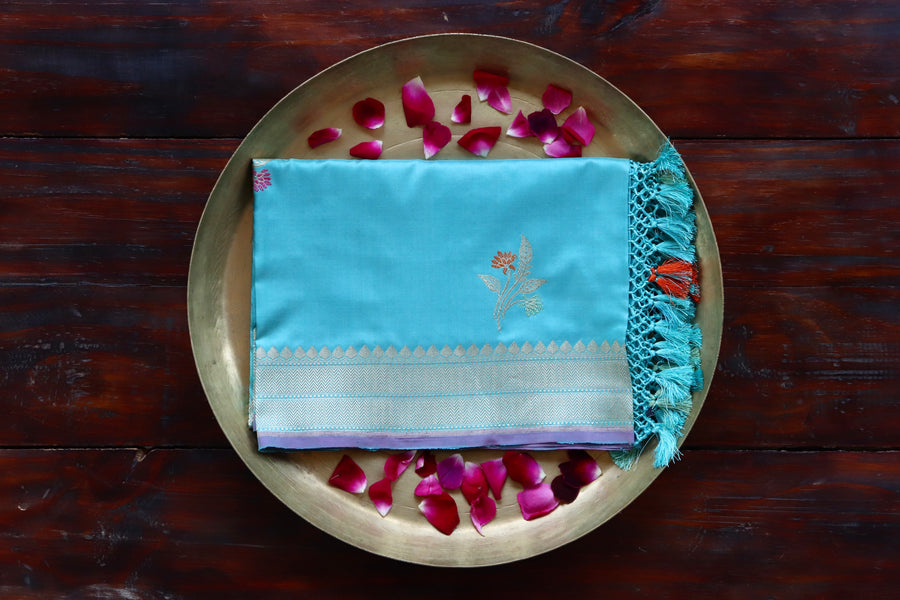Light Blue Leaf pure Katan silk Banarasi dupatta with thread-by-thread motifs.