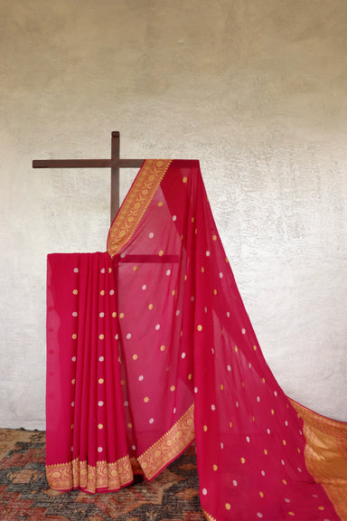 Magenta handloom Banarsi saree with kadhua motifs in Khadi Georgette silk