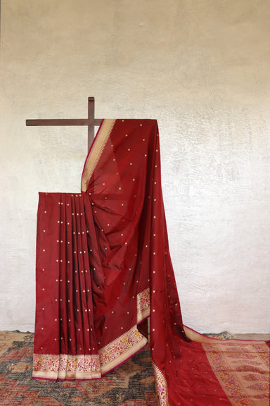 Maroon handloom Banarsi saree with kadhua motifs in pure silk