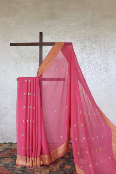 Pink handloom Banarsi saree with kadhua motifs in Khadi Georgette silk