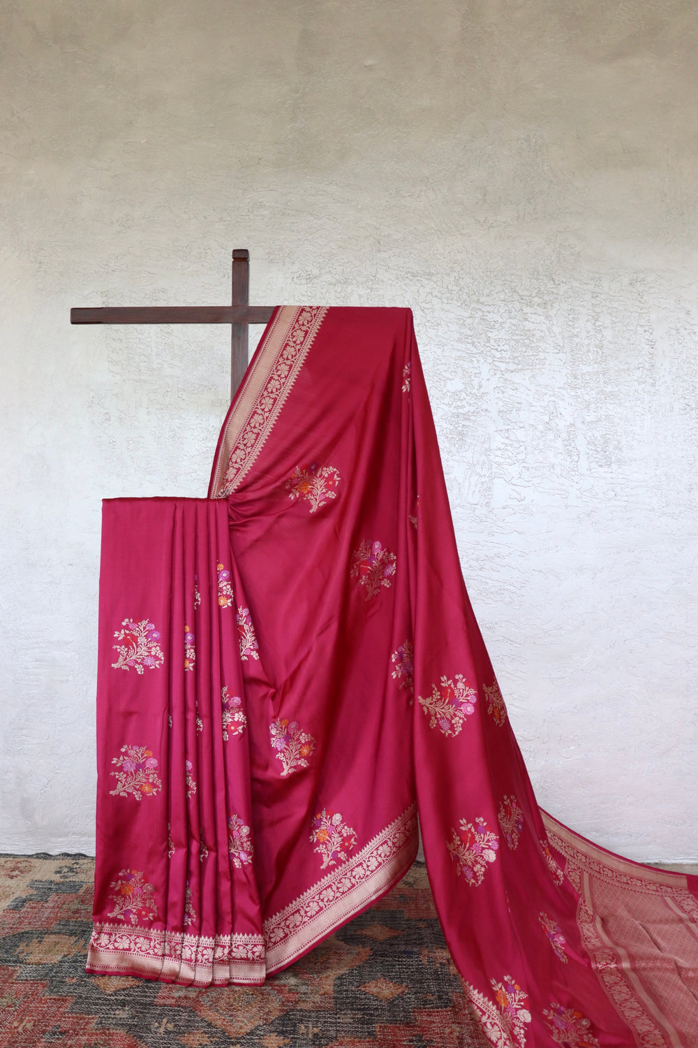 Burgundy handloom Banarsi saree with guldasta motifs in pure Katan silk