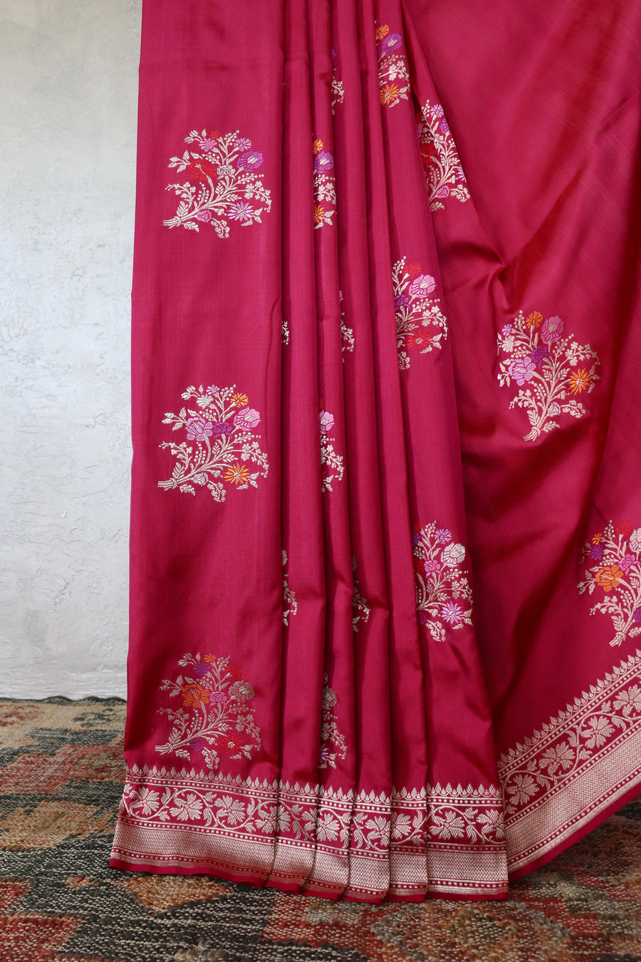 Burgundy Guldasta Motif Pure Katan Silk Handloom Saree