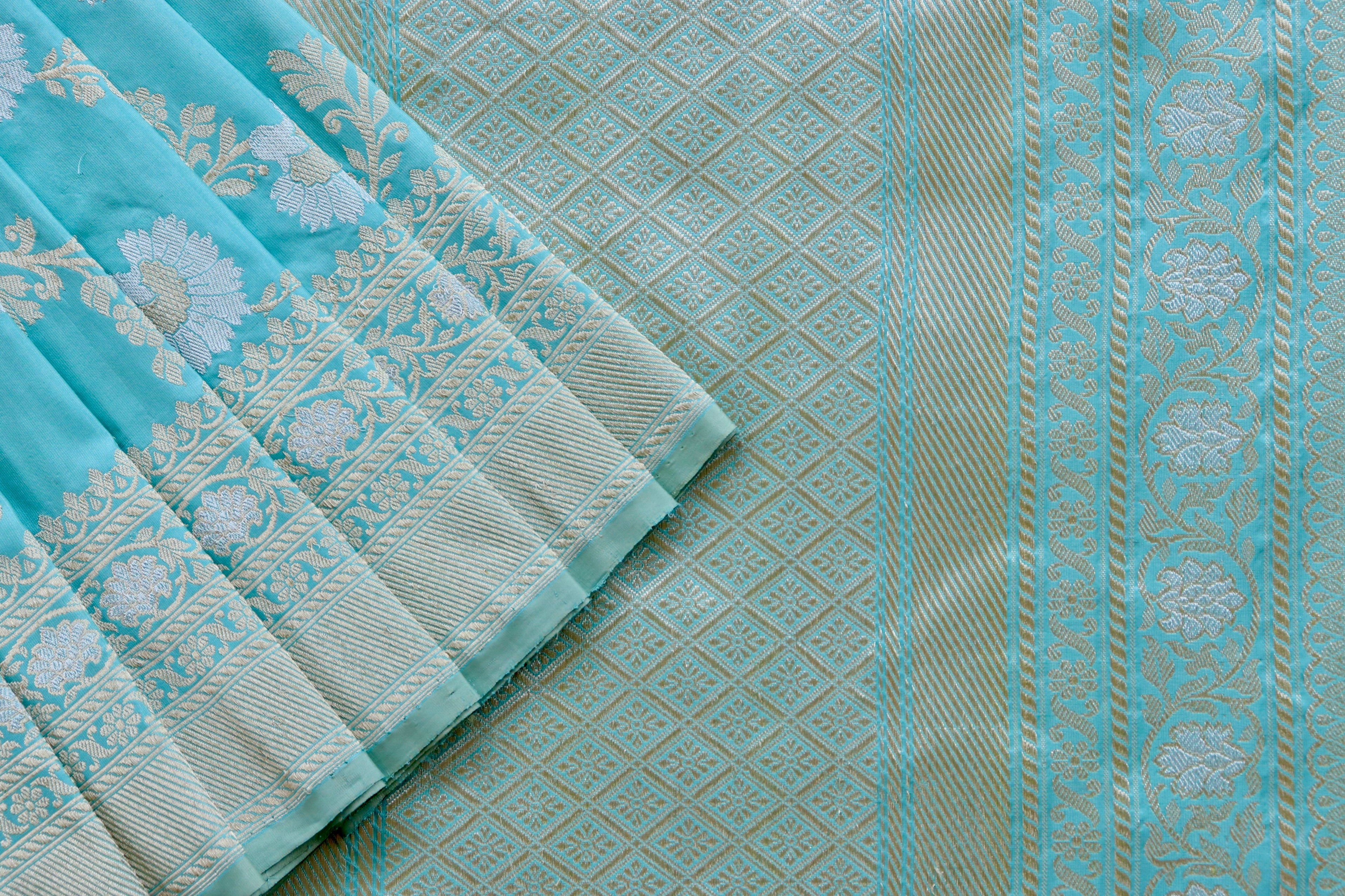 Sky Blue Zig Zag Jangla Pure Silk Handloom Banarasi Saree