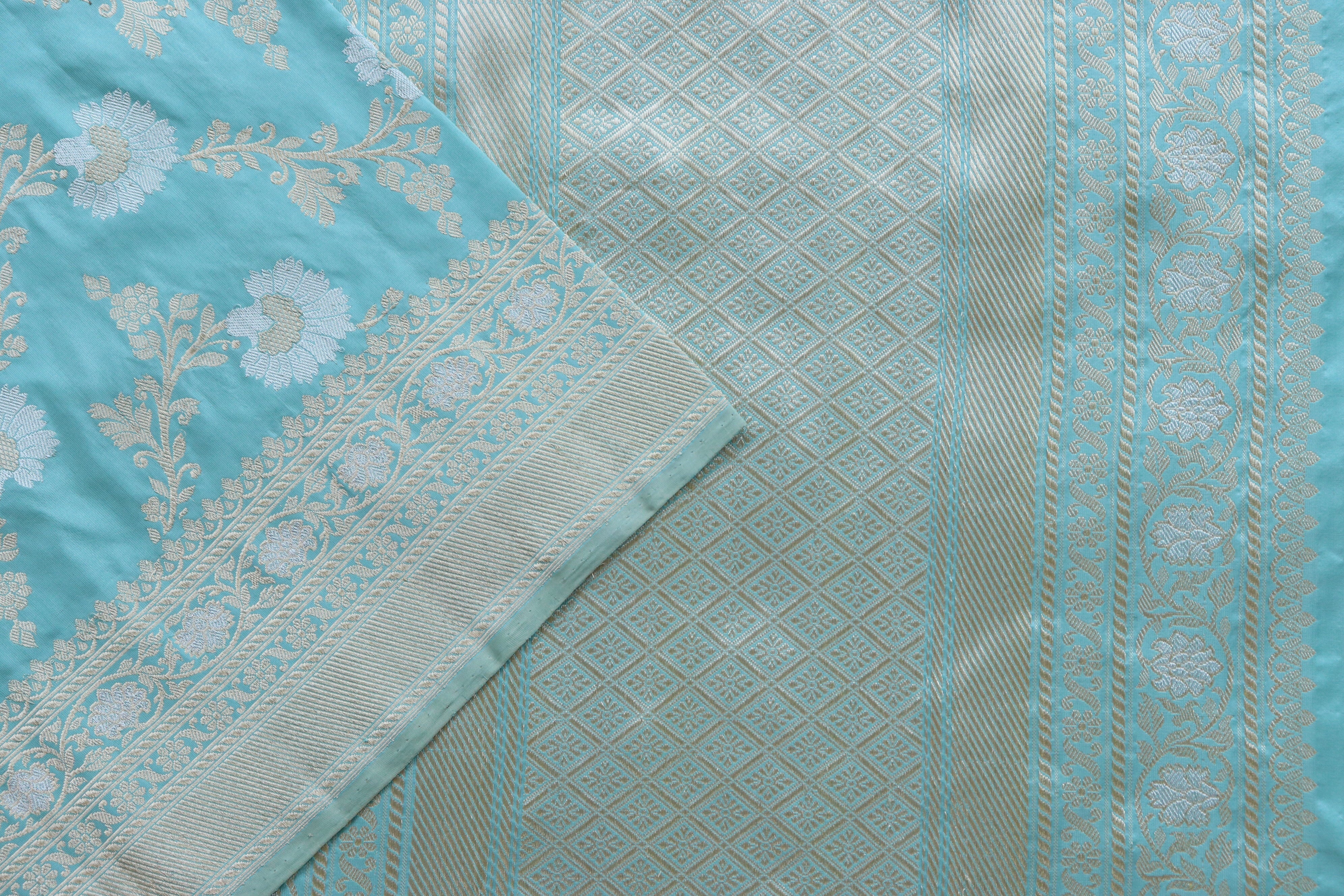 Sky Blue Zig Zag Jangla Pure Silk Handloom Banarasi Saree