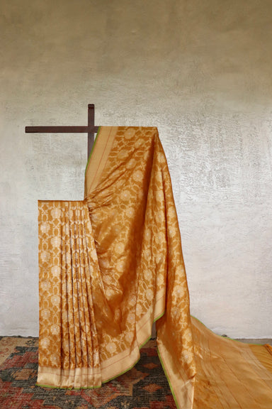 Saffron Yellow handloom Banarsi saree with jangla motifs in pure silk