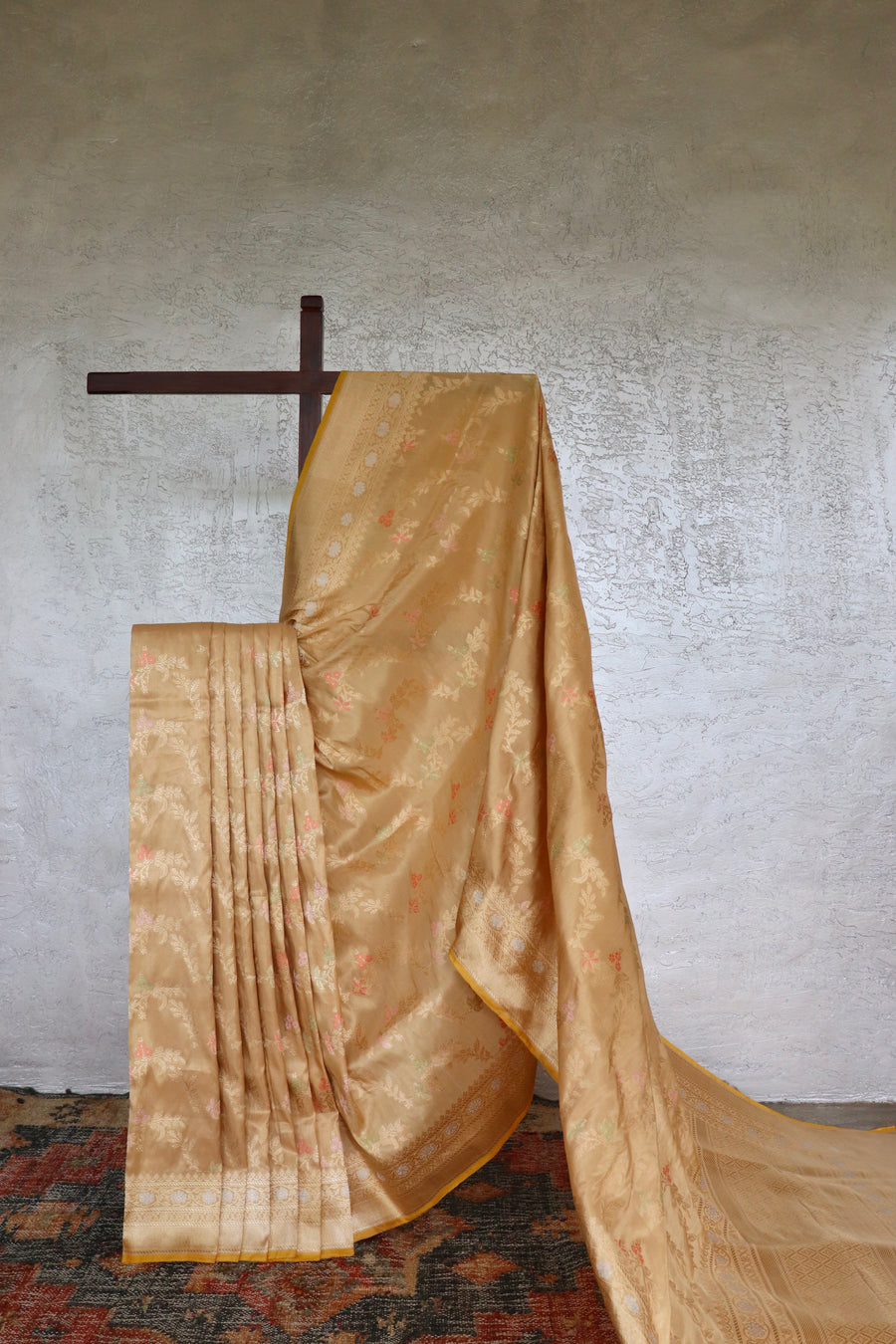 Beige handloom Banarsi saree with kadhua motifs in Katan silk