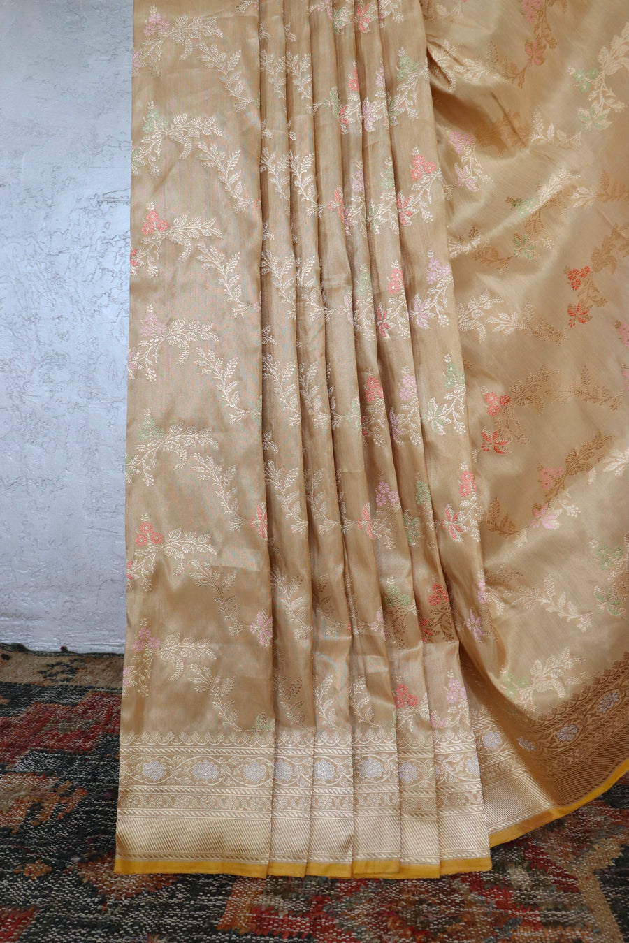 Beige Tissue Kadhua Phool Jangla Katan Silk Saree