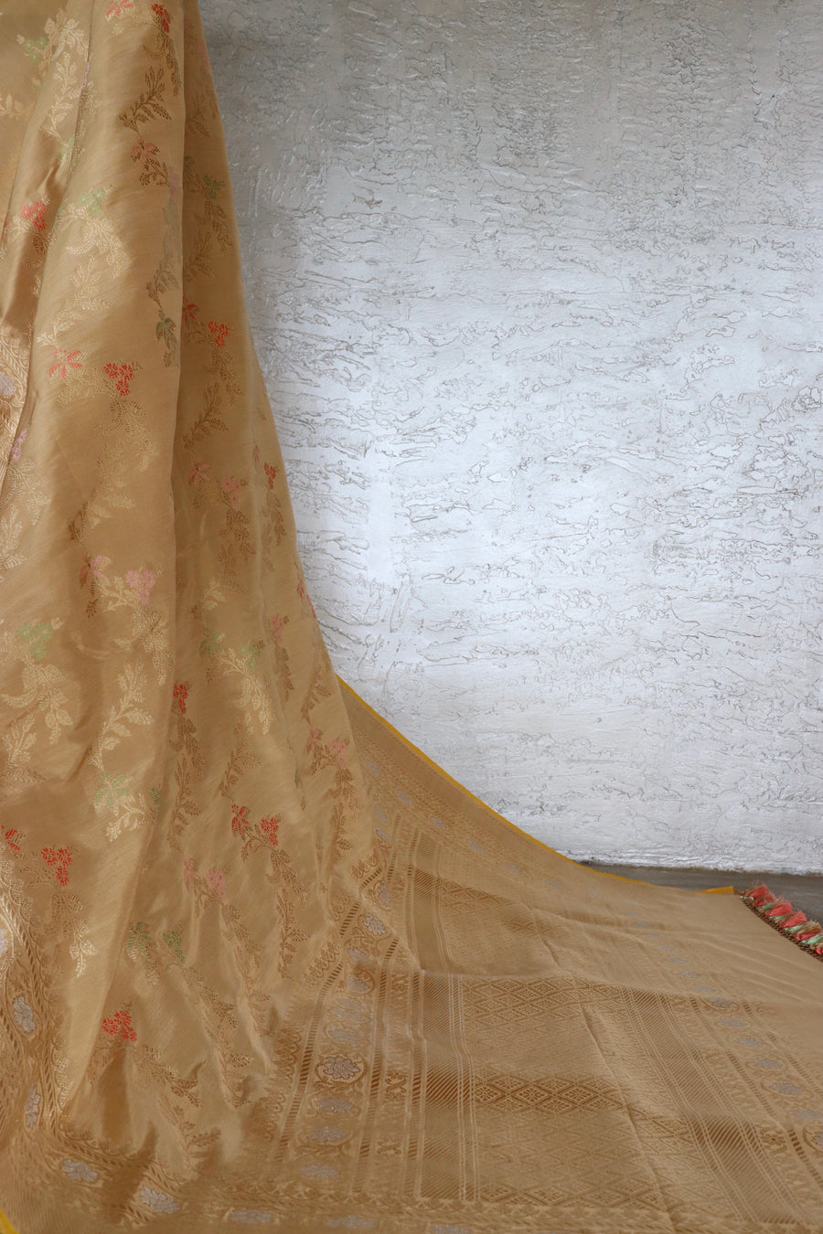 Beige Tissue Kadhua Phool Jangla Katan Silk Saree