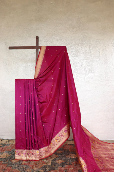 Magenta handloom Banarsi saree with kadhua motifs in pure silk