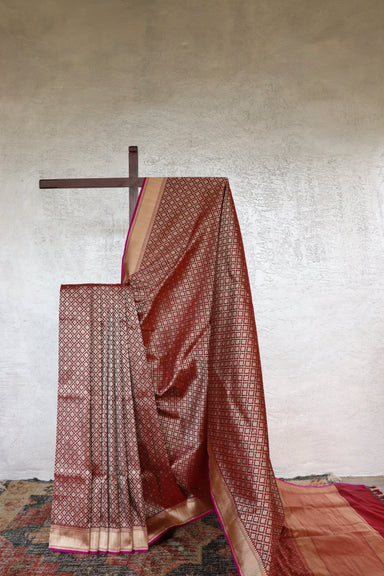 Burgundy handloom Banarsi saree with tanchoi motifs in silk