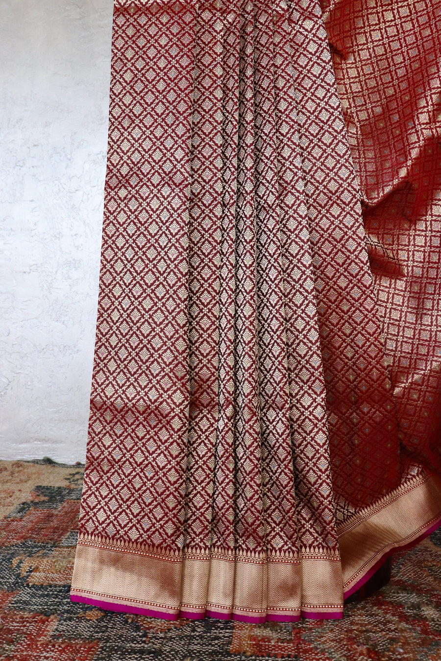 Burgundy Meenadar Handwoven Banarasi Tanchoi Silk Saree