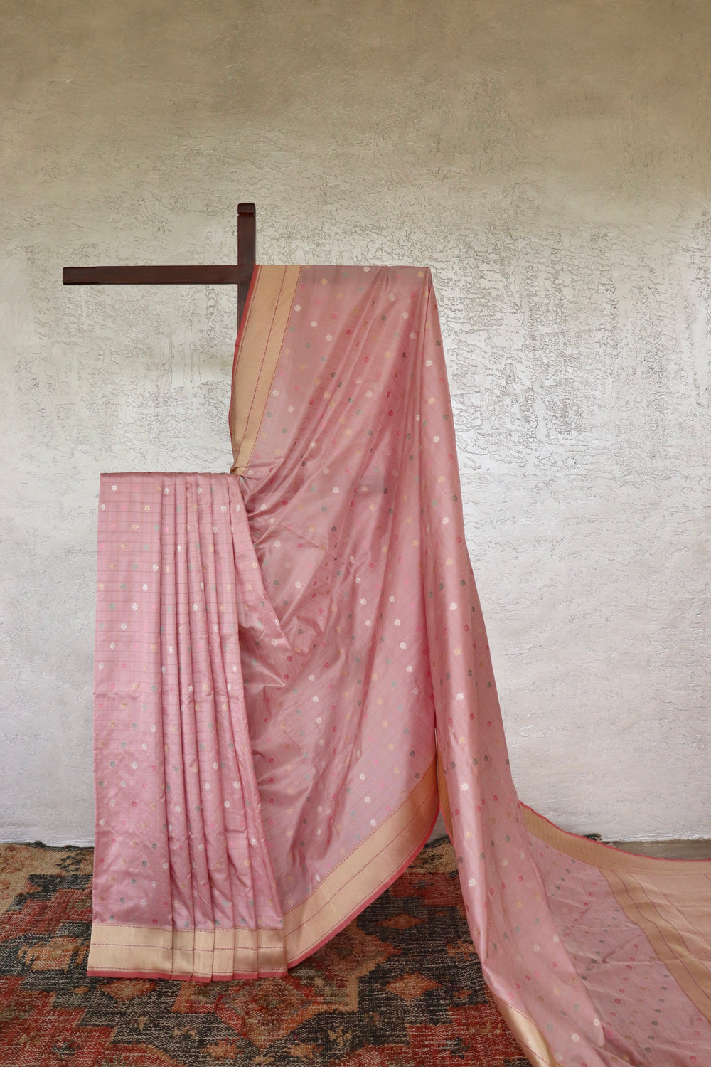 Rose Pink Check Pure Silk Banarasi Saree | Stuti Weaves