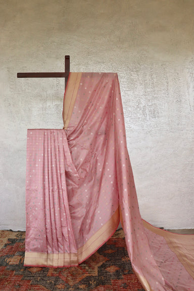 Rose Pink Check Pure Silk Banarasi Saree | Stuti Weaves