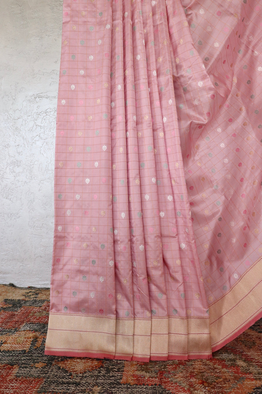 Rose Pink Check Pure Silk Banarasi Saree | Stuti Weaves