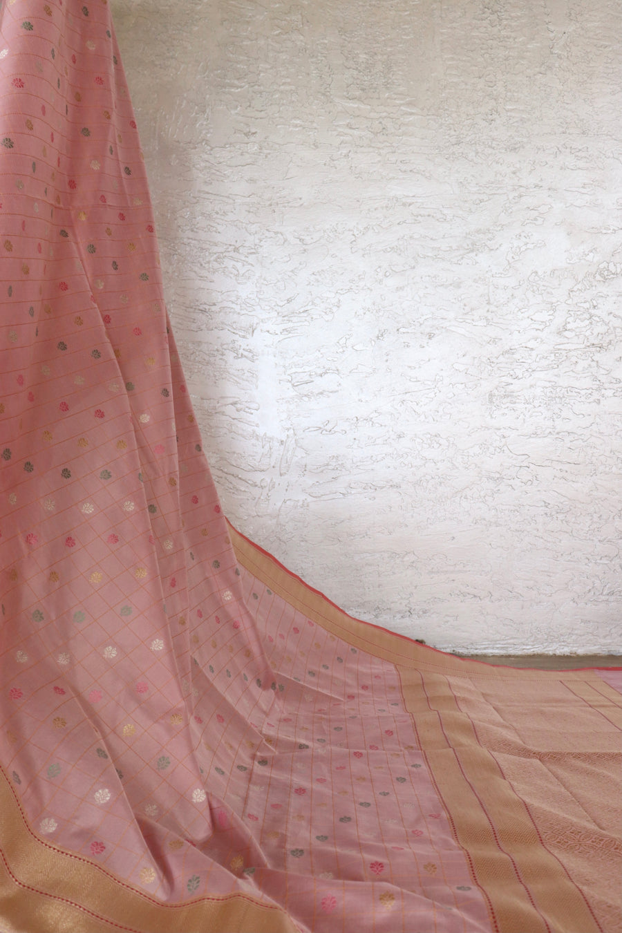 Rose Pink Check Pure Silk Banarasi Saree | Stuti Weaves