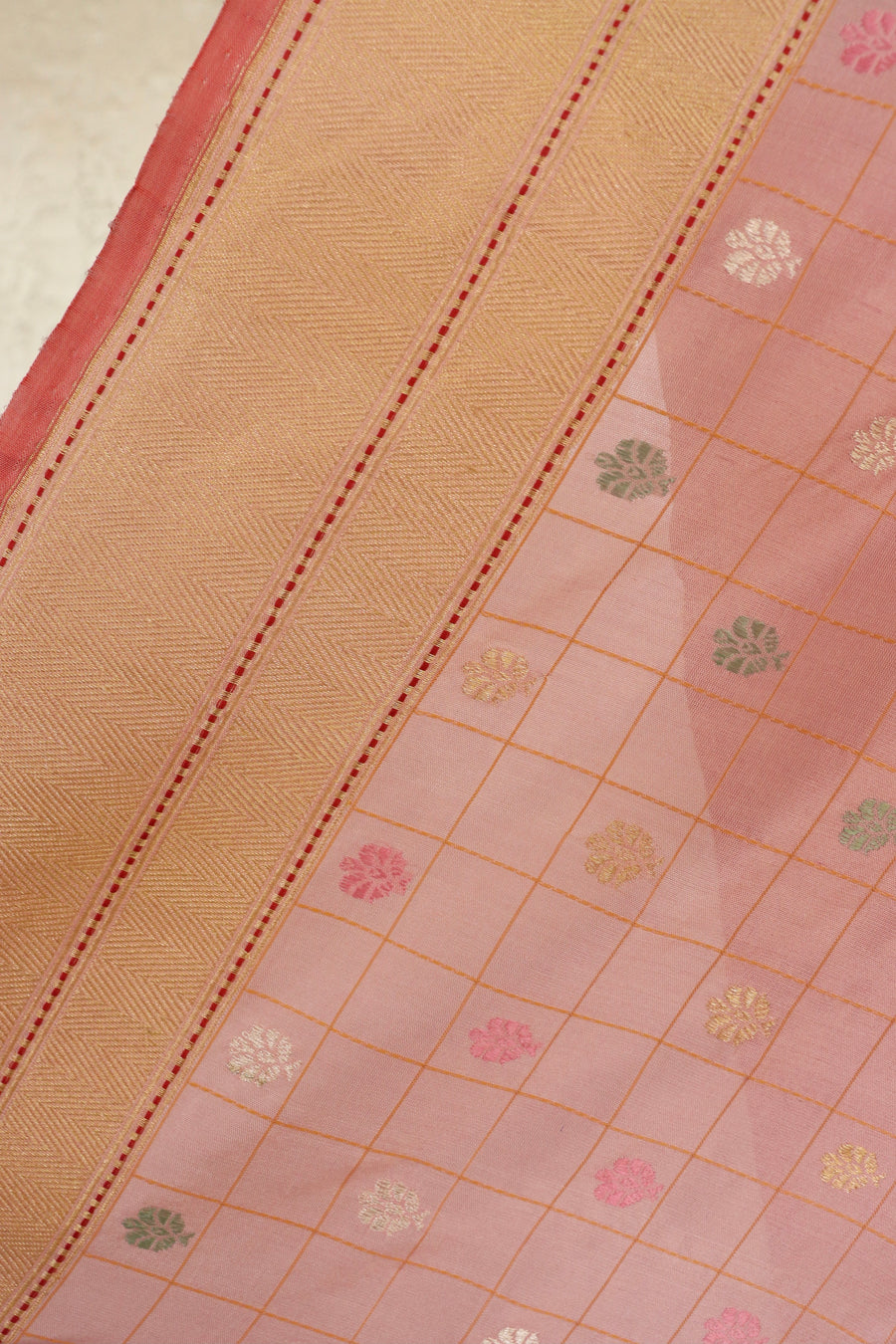 Rose Pink Check Pure Silk Banarasi Saree | Stuti Weaves