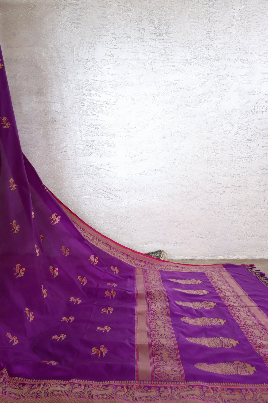 Purple Bird Motif Kadhua Pure Silk Handloom Banarasi Saree