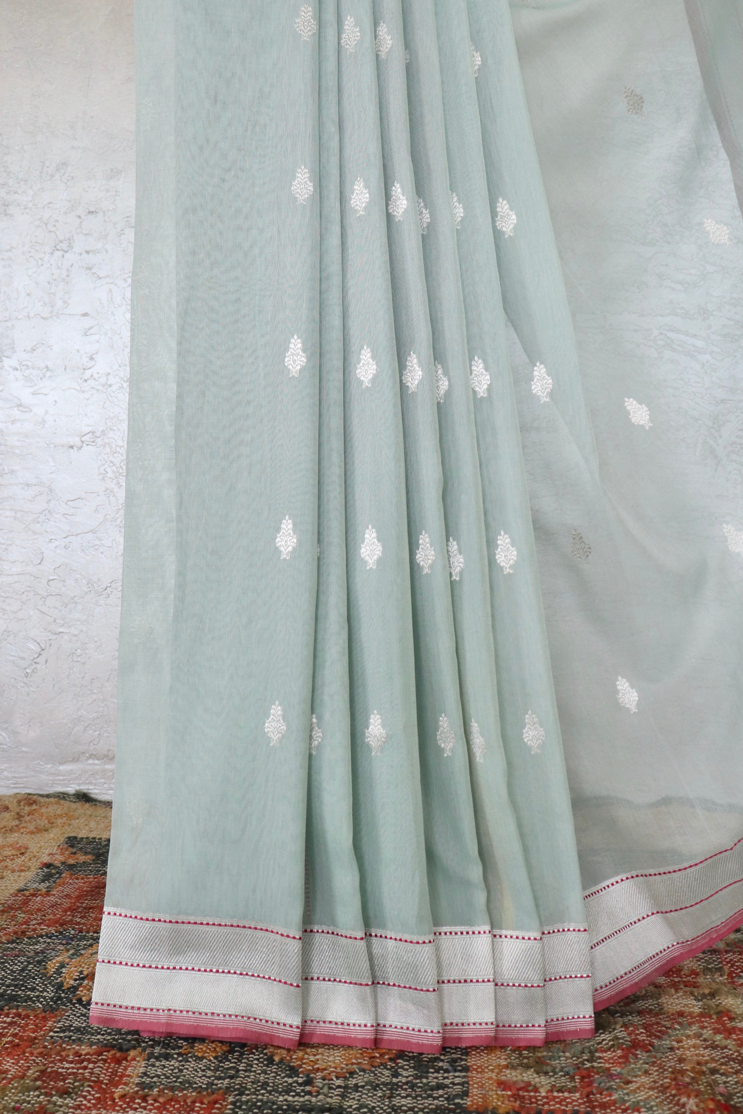 Mist Blue Silver Motif Cotton Kadhua Banarasi Handloom Saree