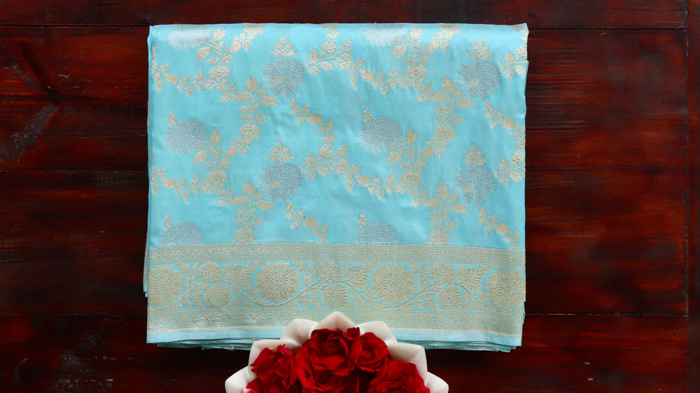 Sky Blue handloom Banarsi saree with jangla motifs in pure silk