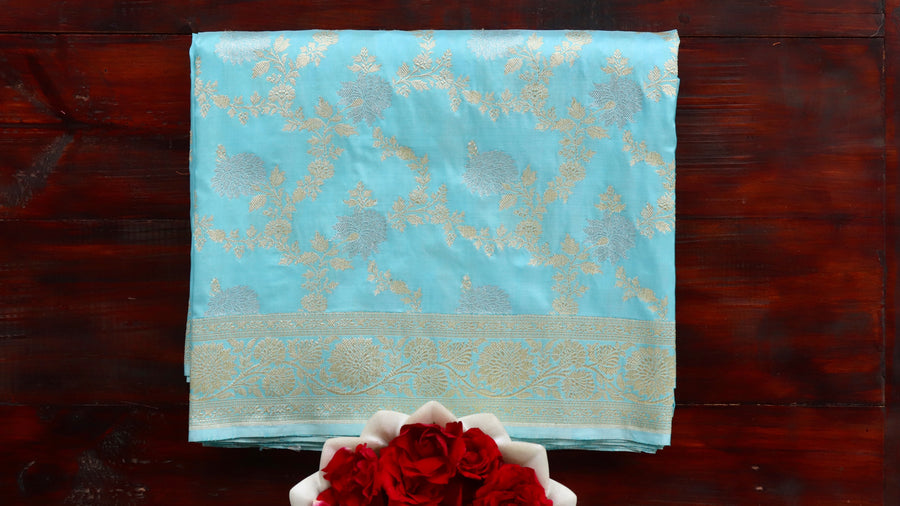 Sky Blue handloom Banarsi saree with jangla motifs in pure silk