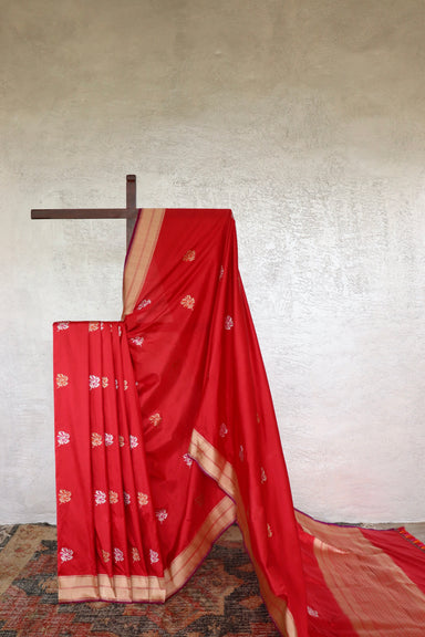 Red handloom Banarsi saree with kadhua motifs in pure Katan silk