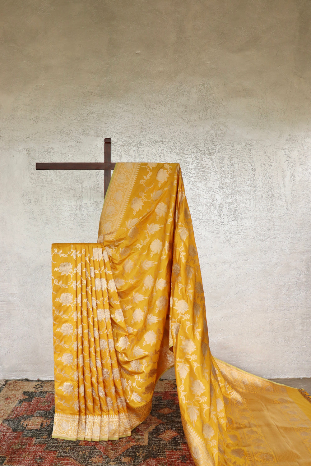 Yellow handloom Banarsi saree with jangla motifs in pure silk