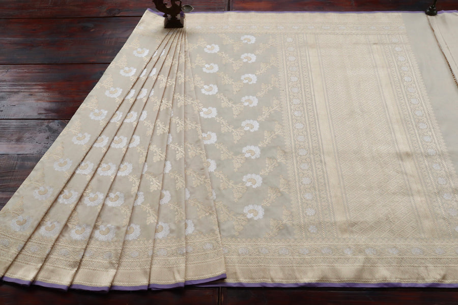 Cream Zig Zag Jangla Pure Silk Banarasi Saree | Stuti Weaves