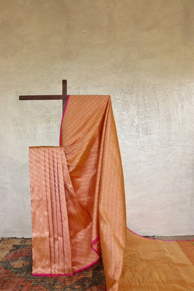 Peach handloom Banarsi saree with tanchoi motifs in pure silk