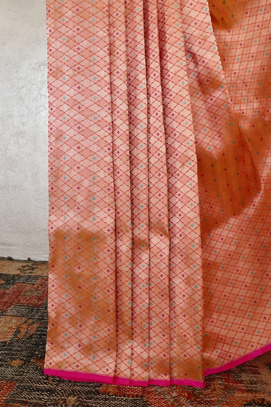 Dark Peach Meenadar Tanchoi Pure Silk Handloom Banarasi Saree