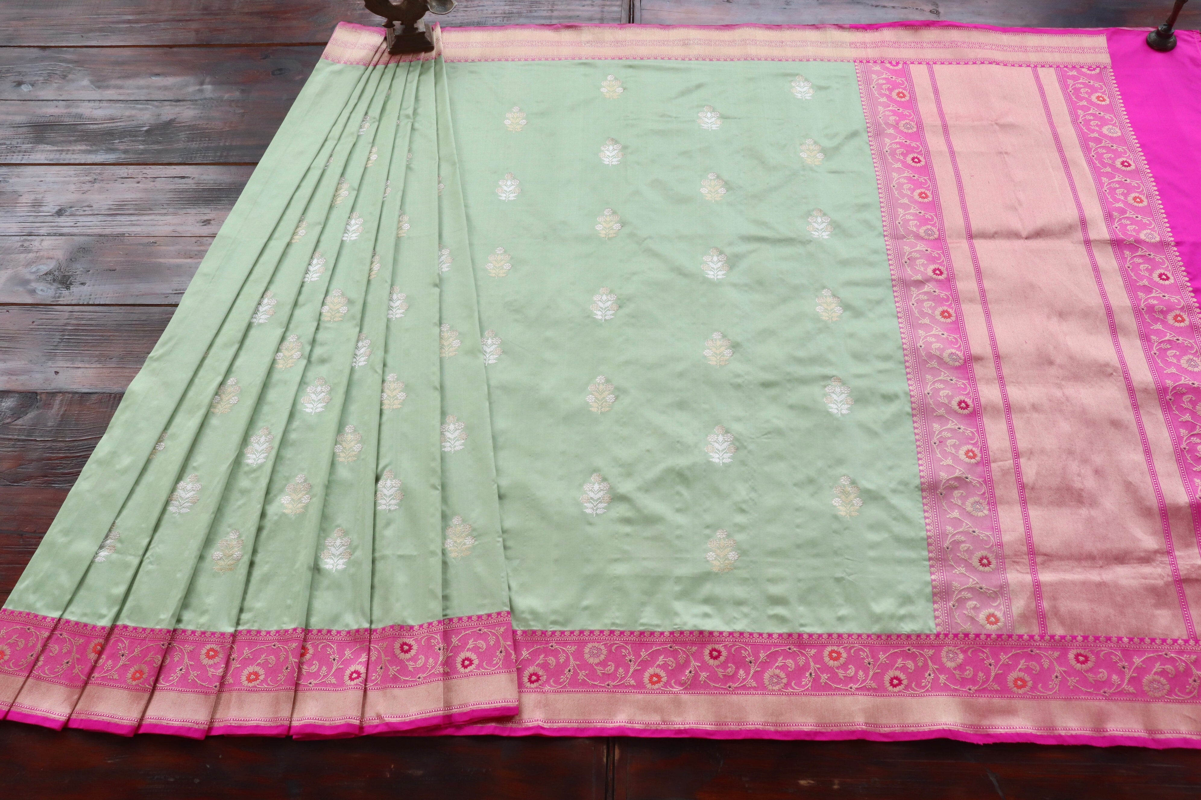 Pistachio Green and Rani Pink Sona Rupa Motif Pure Silk Handloom Banarasi Saree