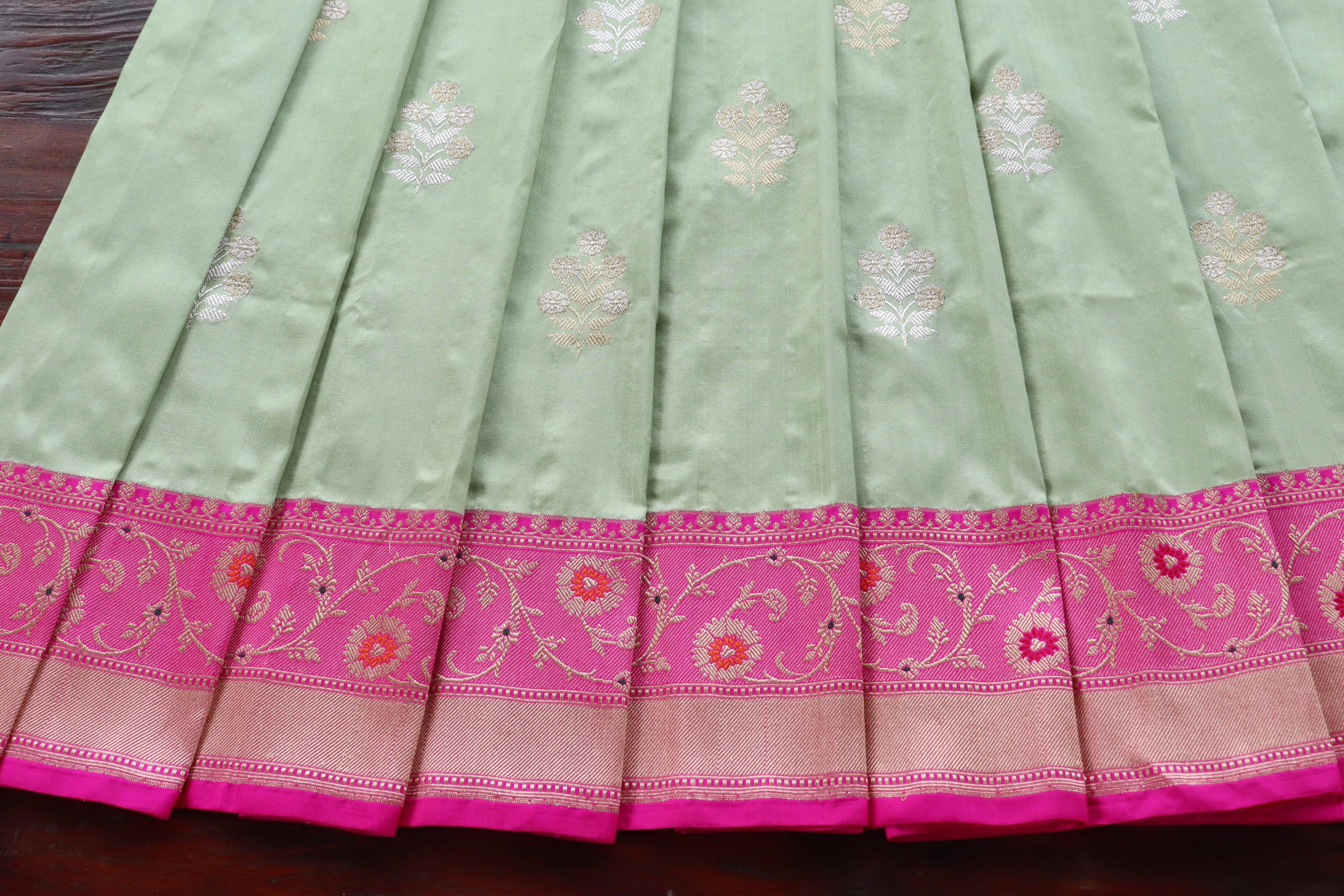 Pistachio Green and Rani Pink Sona Rupa Motif Pure Silk Handloom Banarasi Saree