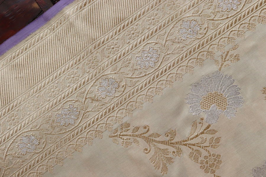 Cream Zig Zag Jangla Pure Silk Banarasi Saree | Stuti Weaves