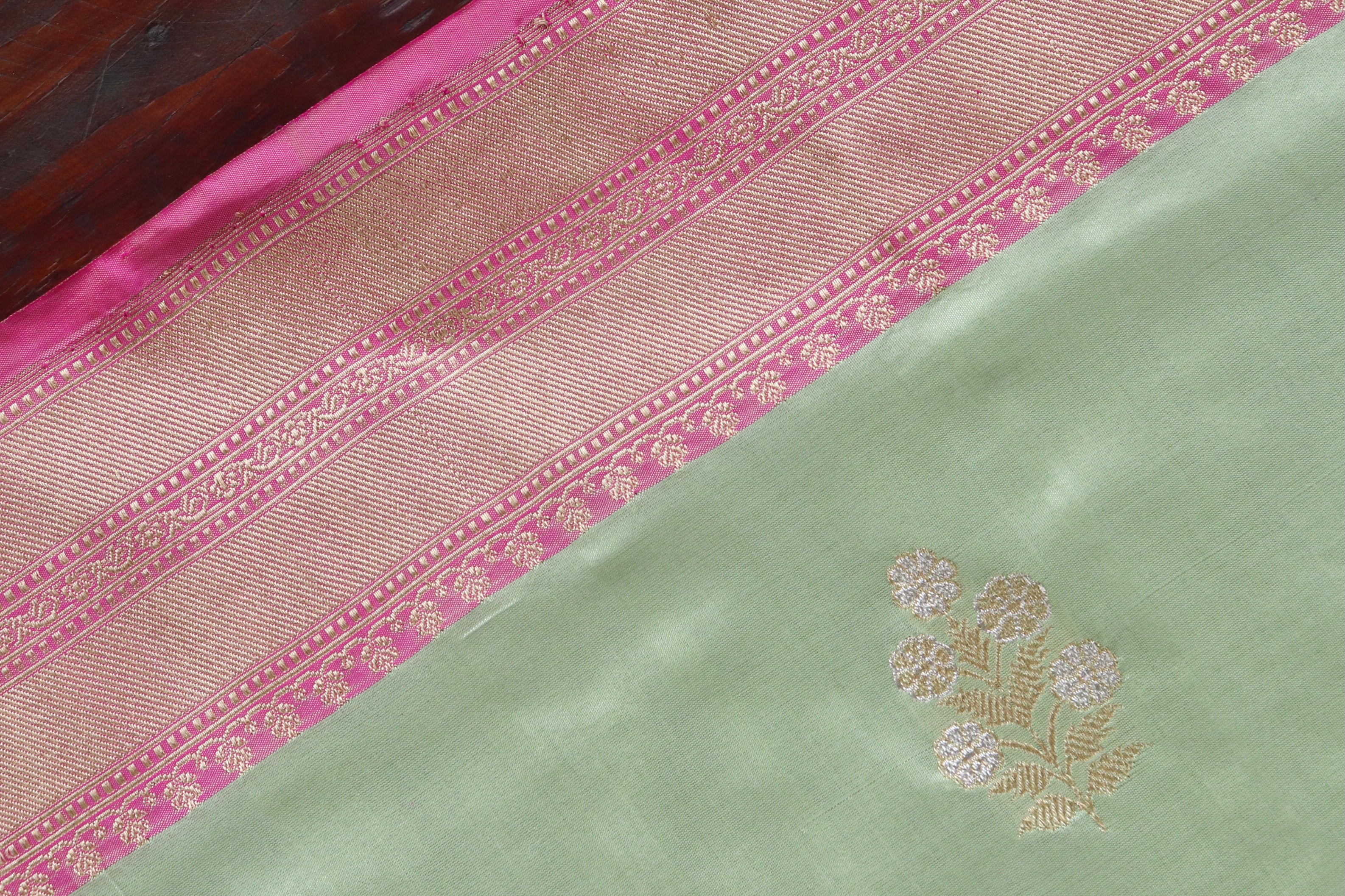 Pistachio Green and Rani Pink Sona Rupa Motif Pure Silk Handloom Banarasi Saree