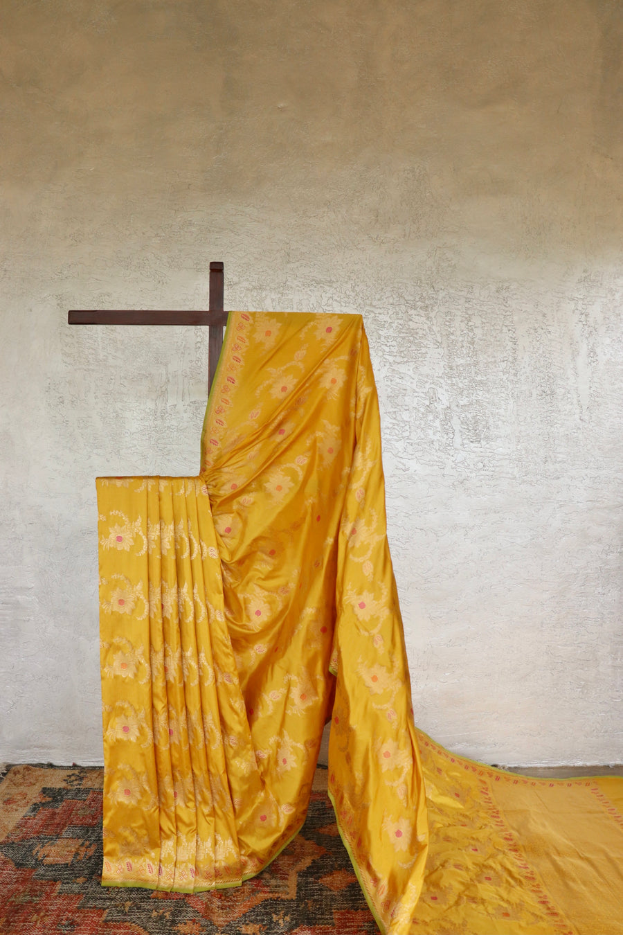 Mustard Yellow Pure Silk Kadhua Jangla Handwoven Saree