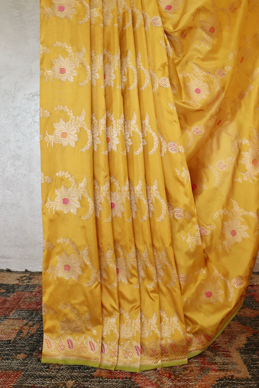 Mustard Yellow Pure Silk Kadhua Jangla Handwoven Saree
