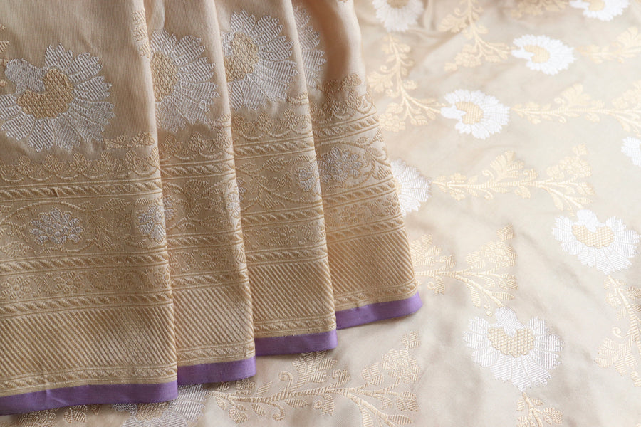 Cream Zig Zag Jangla Pure Silk Banarasi Saree | Stuti Weaves